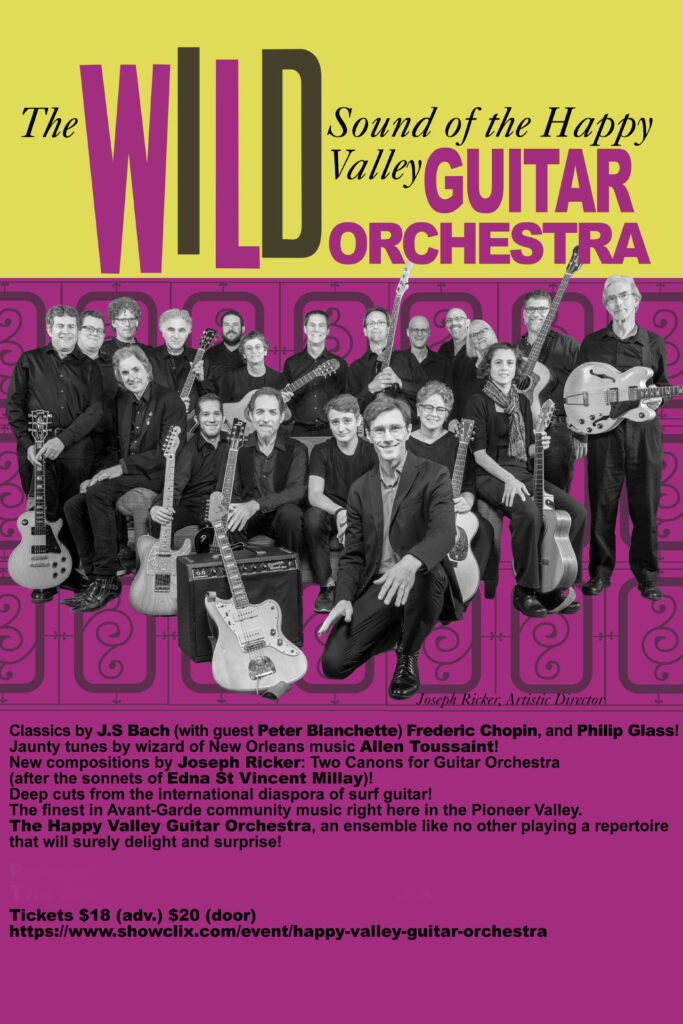 poster in yellow and magenta The Wild Sound of the Happy Valley Guitar Orchestra
